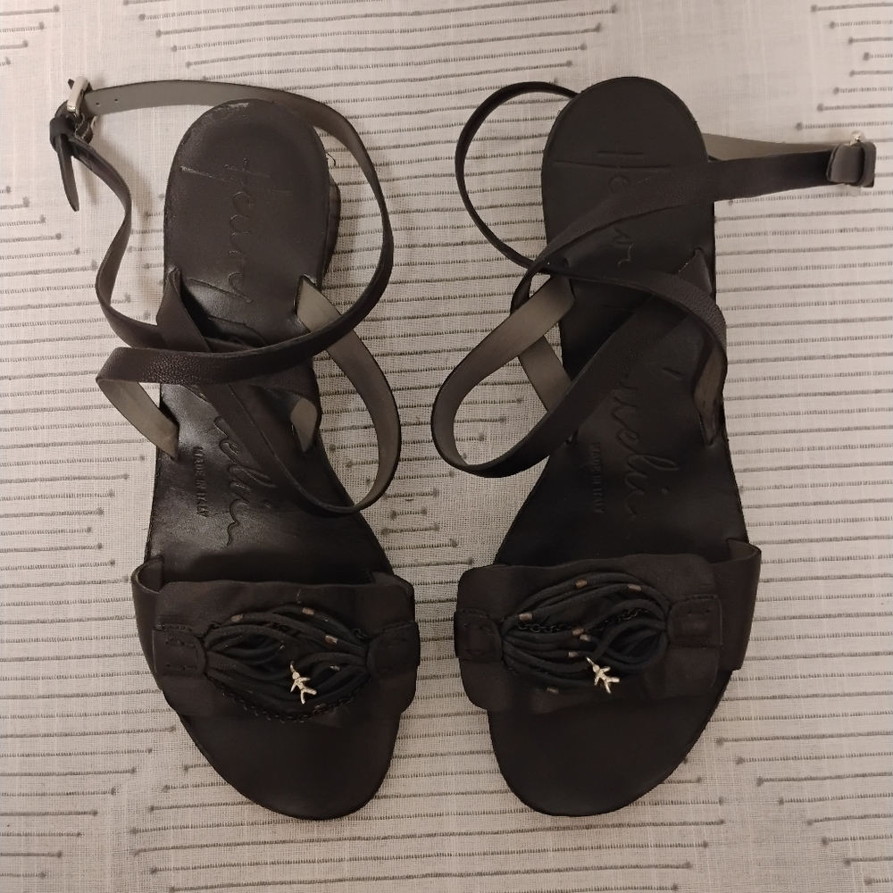 Henry Beguelin Black Strappy Leather Sandals Small Chunky Heel Size 39 Italy